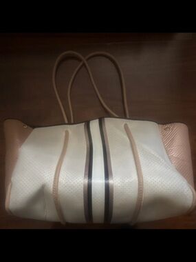 HAUTE SHORE Cream Tote with Tan and Navy Stripe Detail